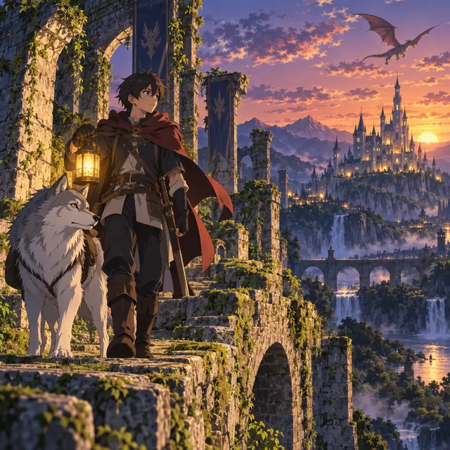 アニメの画風で描いた、ランタンを持つ冒険者とオオカミ