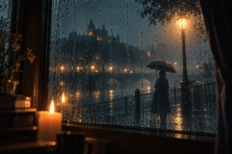 雨に濡れた窓の向こうに立つ、傘をさした人影
