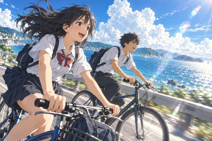 海沿いの道を自転車で走る二人の生徒